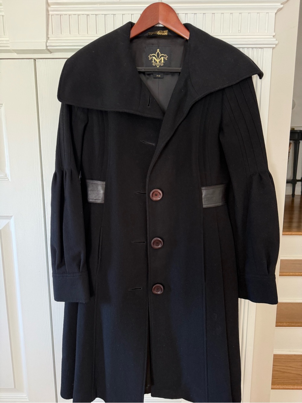 Mackage Black Wool Blend Button-Front Coat with Leather Accents